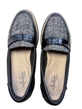 Clarks Women’s Tweed and Patent Leather Slip-On Loafers Black and Gray Sz 6.5